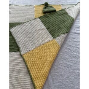 Handmade Crochet Baby Blanket Set Hat Green Yellow Newborn Gift Shower 36x33